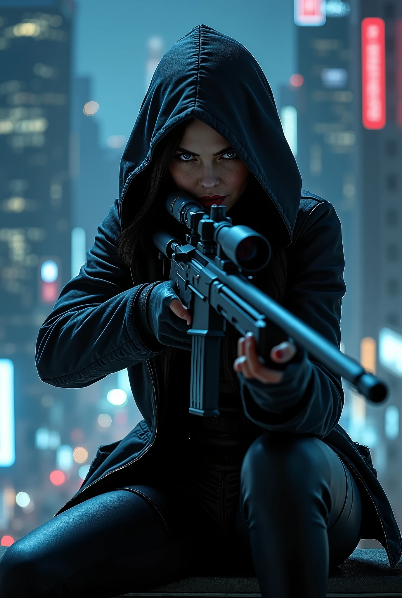 a female sniper veteran assassin, aiming silently at her target from a high-rise building at midnight, (best quality,4k,8k,highres,masterpiece:1.2),ultra-detailed,(realistic,photorealistic,photo-realistic:1.37),dramatic lighting, moody atmosphere, dramatic pose, scoped rifle, tactical gear, night vision, gloved hands, dark rooftop, cityscape, towering skyscrapers, moonlit sky, rain, dramatic shadows