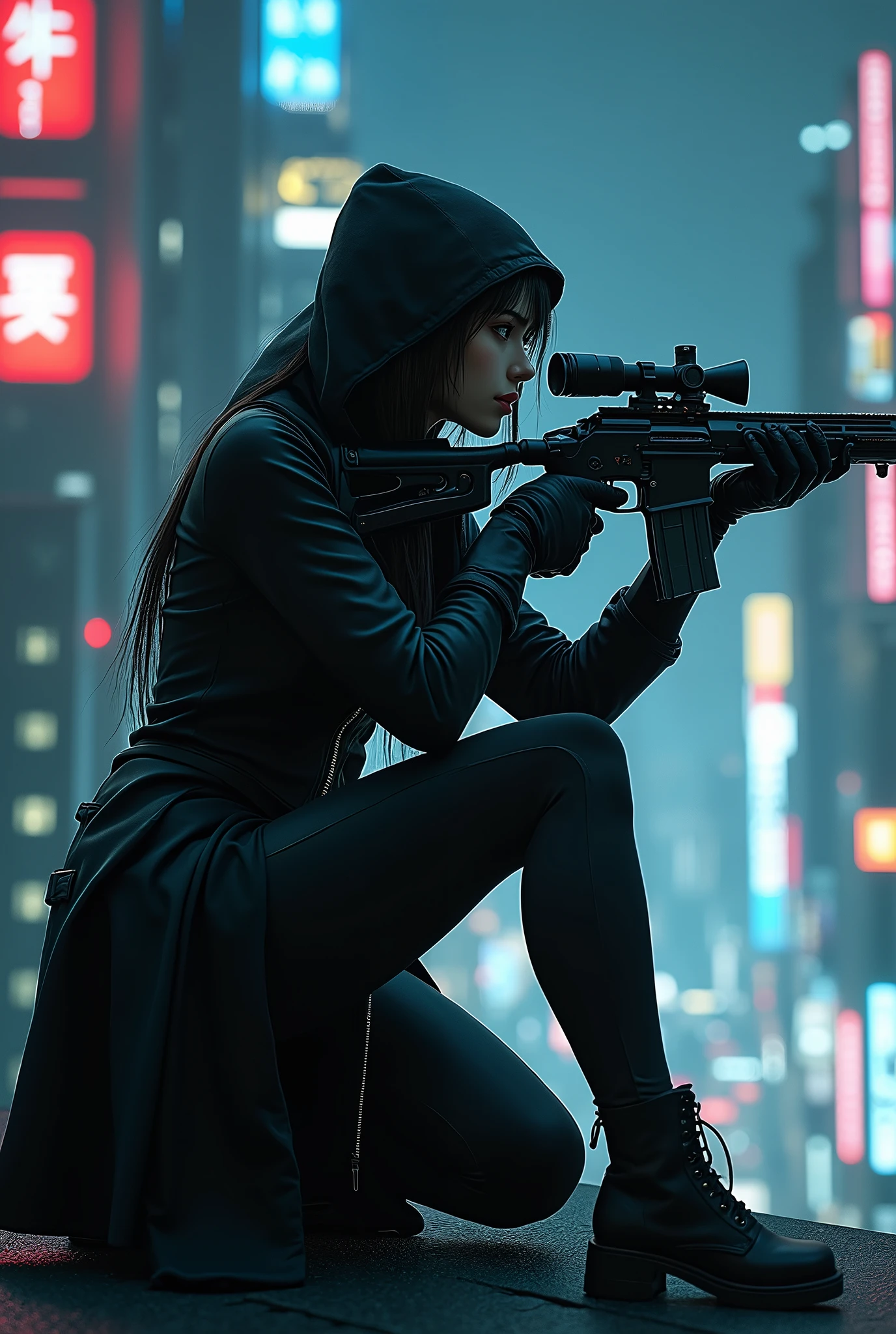 a female sniper veteran assassin, aiming silently at her target from a high-rise building at midnight, (best quality,4k,8k,highres,masterpiece:1.2),ultra-detailed,(realistic,photorealistic,photo-realistic:1.37),dramatic lighting, moody atmosphere, dramatic pose, scoped rifle, tactical gear, night vision, gloved hands, dark rooftop, cityscape, towering skyscrapers, moonlit sky, rain, dramatic shadows