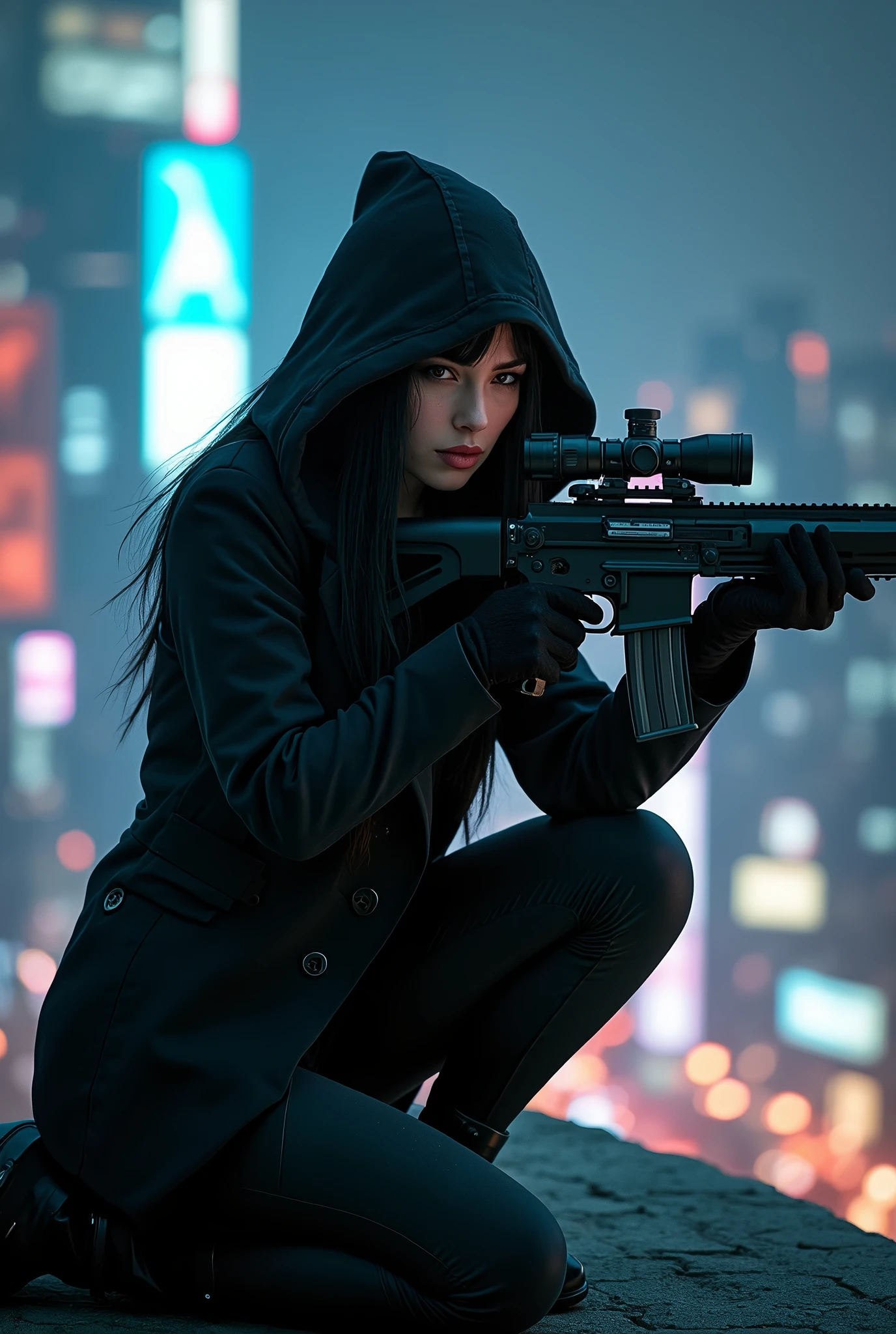 a female sniper veteran assassin, aiming silently at her target from a high-rise building at midnight, (best quality,4k,8k,highres,masterpiece:1.2),ultra-detailed,(realistic,photorealistic,photo-realistic:1.37),dramatic lighting, moody atmosphere, dramatic pose, scoped rifle, tactical gear, night vision, gloved hands, dark rooftop, cityscape, towering skyscrapers, moonlit sky, rain, dramatic shadows