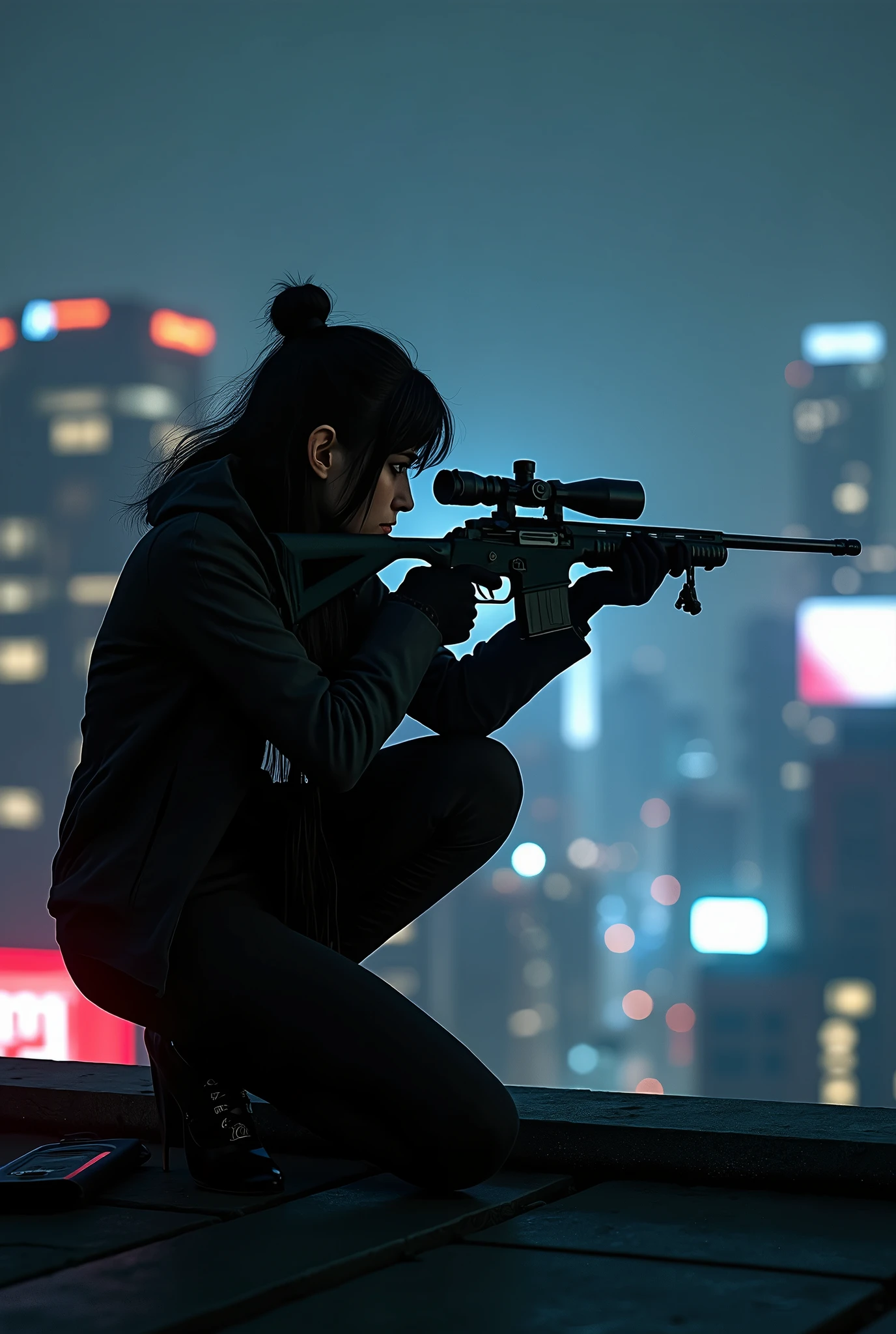 a female sniper veteran assassin, aiming silently at her target from a high-rise building at midnight, (best quality,4k,8k,highres,masterpiece:1.2),ultra-detailed,(realistic,photorealistic,photo-realistic:1.37),dramatic lighting, moody atmosphere, dramatic pose, scoped rifle, tactical gear, night vision, gloved hands, dark rooftop, cityscape, towering skyscrapers, moonlit sky, rain, dramatic shadows