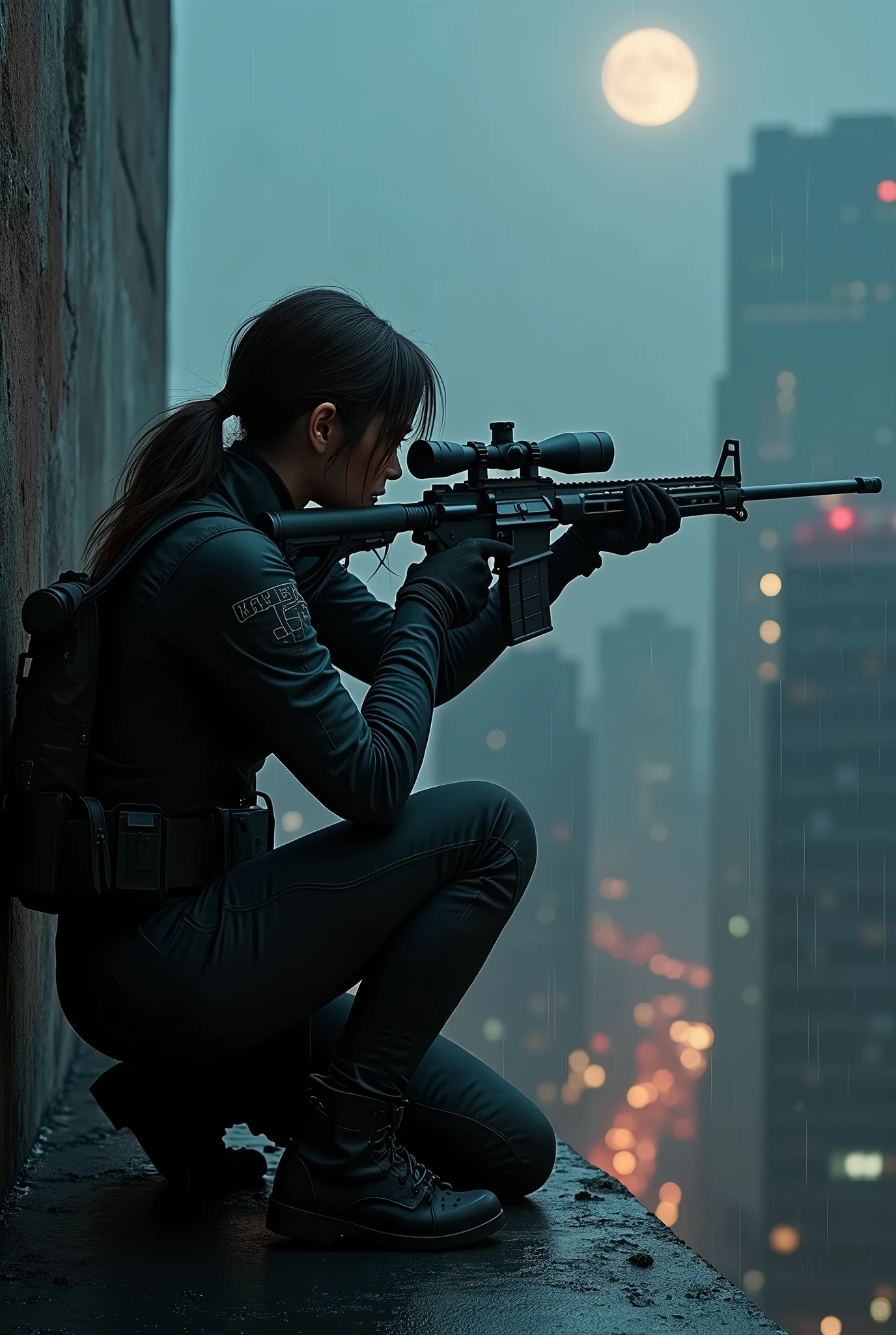 a female sniper veteran assassin, aiming silently at her target from a high-rise building at midnight, (best quality,4k,8k,highres,masterpiece:1.2),ultra-detailed,(realistic,photorealistic,photo-realistic:1.37),dramatic lighting, moody atmosphere, dramatic pose, scoped rifle, tactical gear, night vision, gloved hands, dark rooftop, cityscape, towering skyscrapers, moonlit sky, rain, dramatic shadows