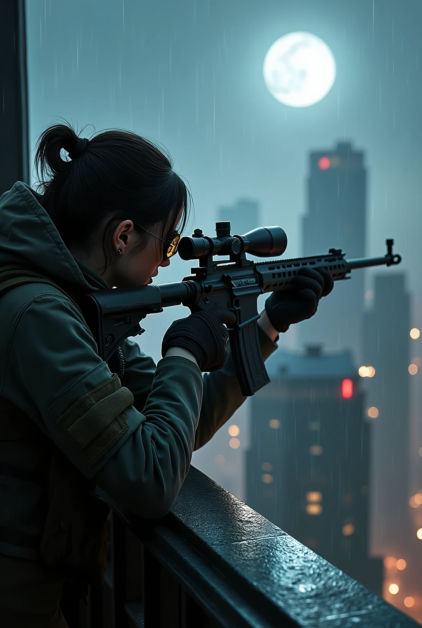 a female sniper veteran assassin, aiming silently at her target from a high-rise building at midnight, (best quality,4k,8k,highres,masterpiece:1.2),ultra-detailed,(realistic,photorealistic,photo-realistic:1.37),dramatic lighting, moody atmosphere, dramatic pose, scoped rifle, tactical gear, night vision, gloved hands, dark rooftop, cityscape, towering skyscrapers, moonlit sky, rain, dramatic shadows