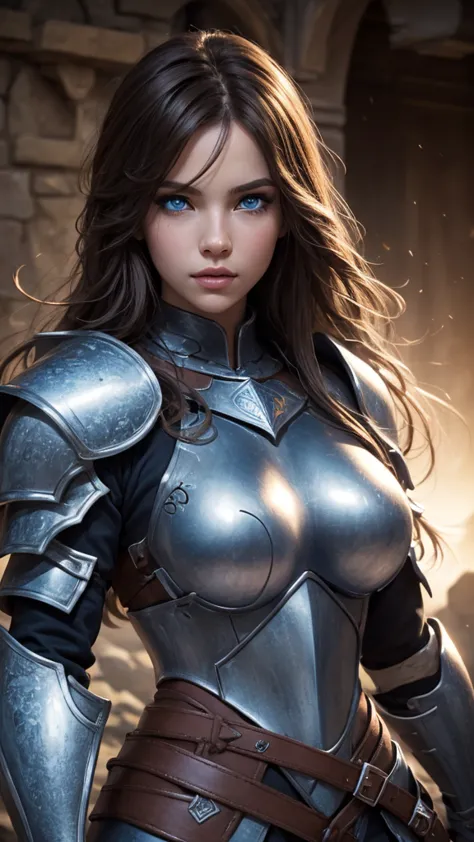 female knight , full-length posing , big breasts, divine face, beauty faces, big eyes, high detail, beauty of lips, photorealist...