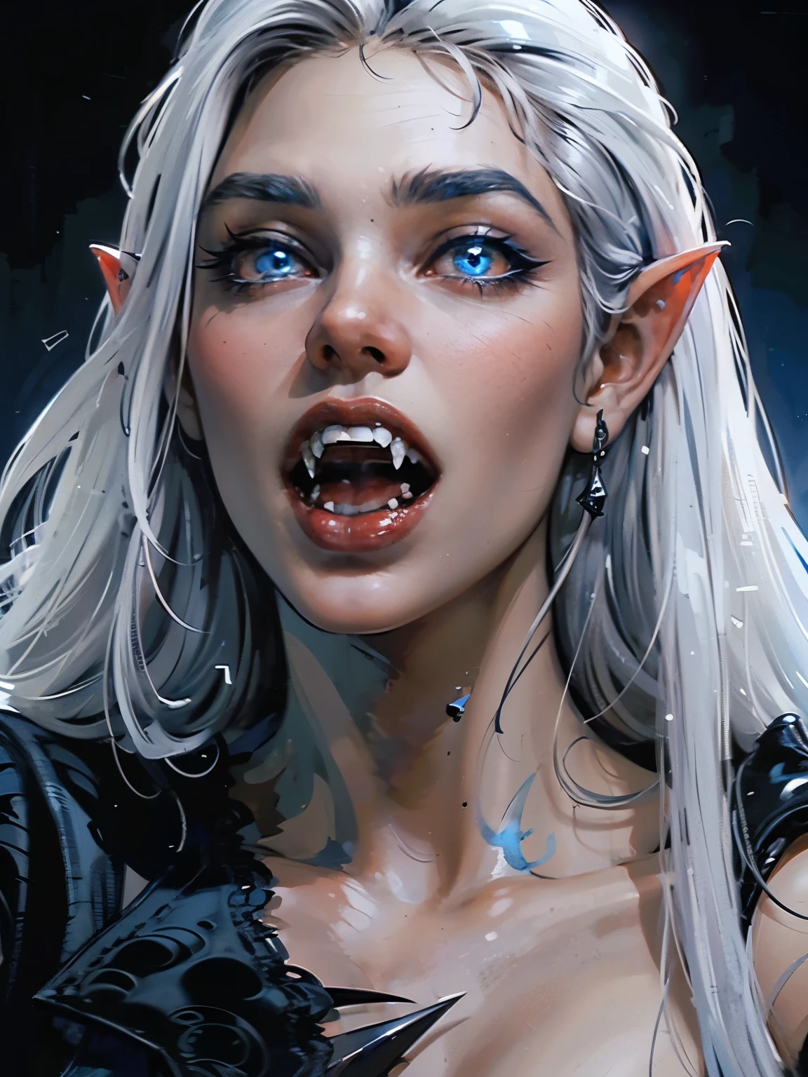  beautiful  vampire woman in her 30s, with blue eyes and striking features, exuding maturity and allure in a seductive pose.(dark-blue background), pointy ears, (glowing blue eyes), (((big sharp fangs))), beauty, ((long white hair)), an14