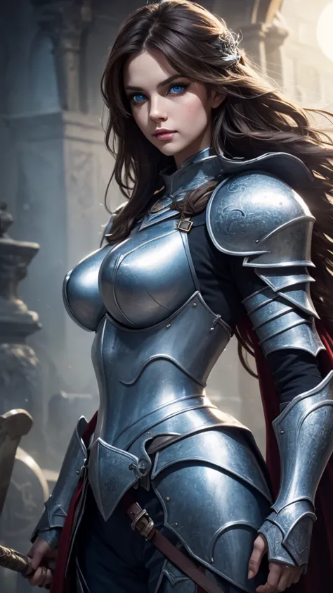 female knight , full-length posing , big breasts, divine face, beauty faces, big eyes, high detail, beauty of lips, photorealist...