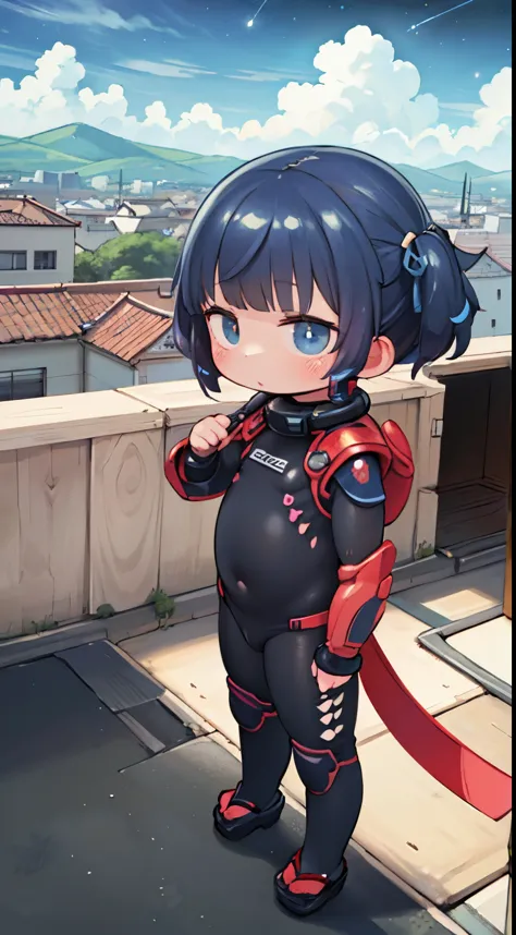 masterpiece，high quality，High resolution，Little Girl，Attention to detail，Sleek design，Ultra-high-tech biotechnology combat suit，standing on a roof，Overlooking the city，Japanese special effects and American manga style，Space Ninja&#39;Metallic suit，Black Armor，Very short stature， ，cute，Large Breasts，Red School Bag，Skillful pose，Smooth and shiny，very dynamic，fast，Natural light，Very detailed, Ultra-fine painting, Very delicate，creativity，Natural light，Night Sky，Big Moon，Cinema Lighting，Best Shadow，masterpiece-解剖学-完璧，Red School Bag，Bruises and gestures，