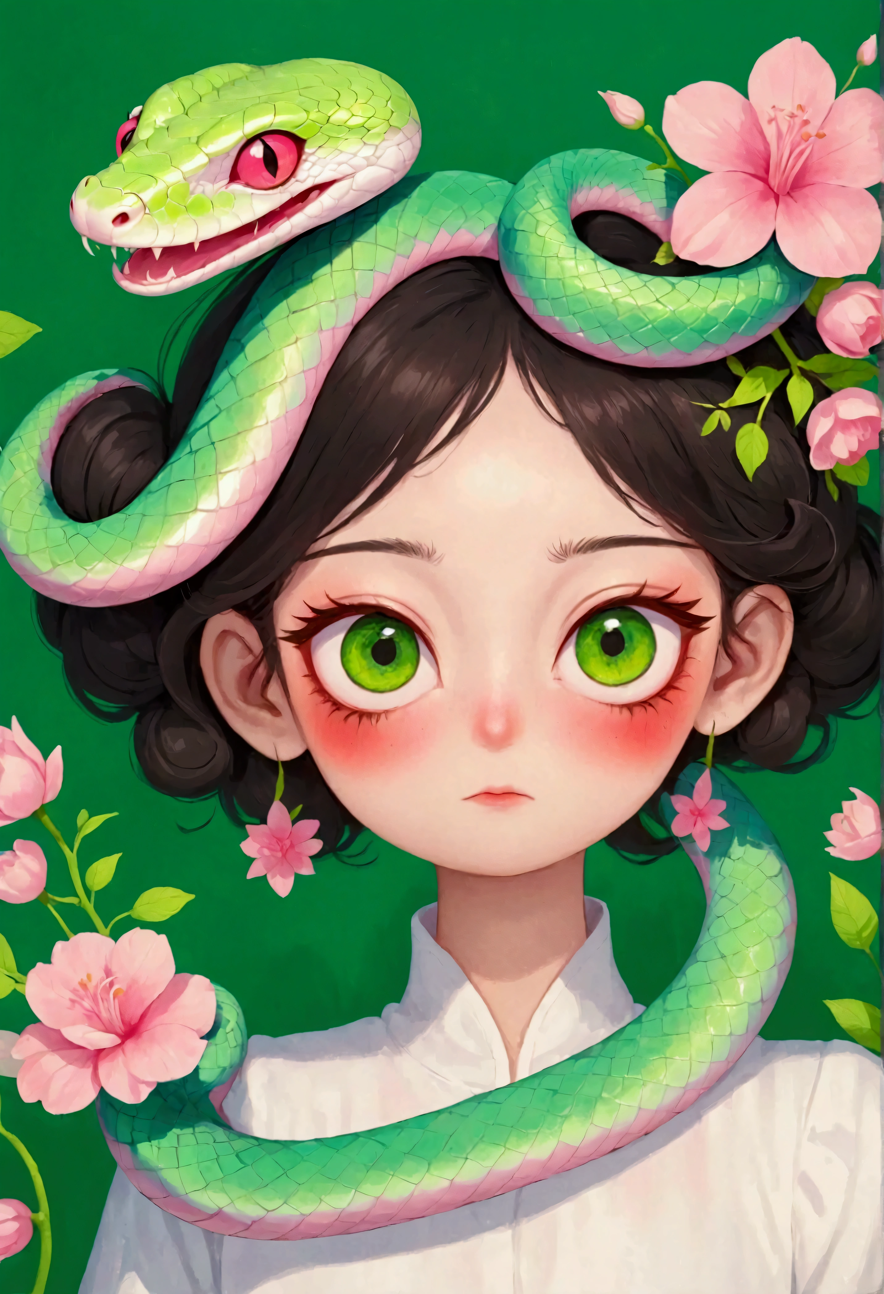 Cartoon，cute，A beautiful girl，A painting with a pink flower on the head,  Green Snake，Snake Face Woman, Ms. Entropy, 