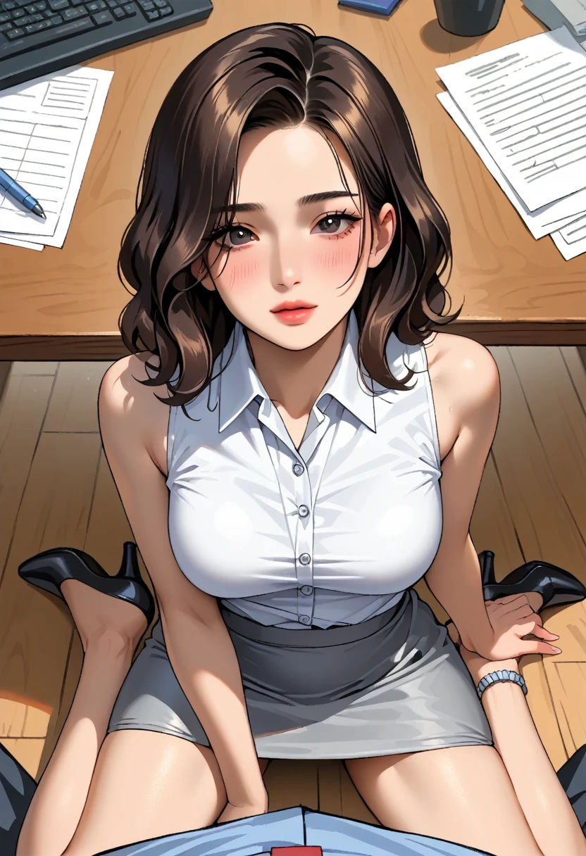 score_9, score_8_up, score_7_up, score_6_up, BREAK, 1boy, 50yo, tall, average body, business suit, (sitting, out of frame:1.4), BREAK 1girl, 30yo, female, short, slender slutty girl, brunette, wavy hair, cute and mature, wearing (tight grey skirt:1.1), (tight white sleeveless blouse:1.2), (black high heels:1.0), (medium breasts, shoulder length hair:1.5), BREAK, luxury office, large CEO table, (kneeling, under table:1.2), perfect proportions, POV.