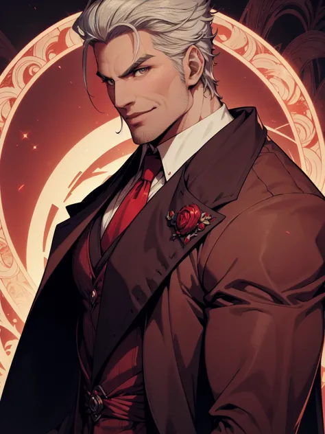 1man, vampire, handsome, pale grey skin, prominent muscular body, seems longer fangs, smile, shining red eyes, art nouveau style...