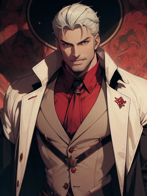 1man, vampire, handsome, pale grey skin, prominent muscular body, seems longer fangs, smile, shining red eyes, art nouveau style...