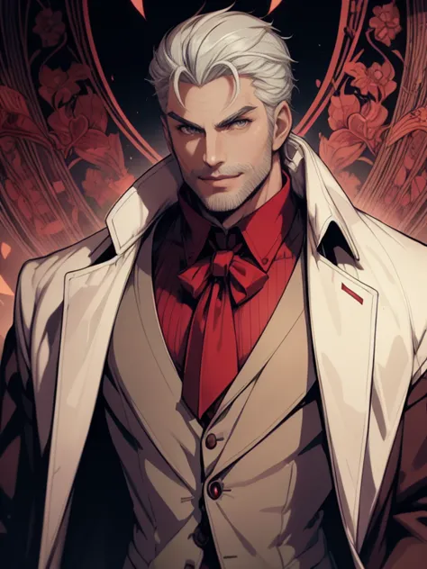 1man, vampire, handsome, pale grey skin, prominent muscular body, seems longer fangs, smile, shining red eyes, art nouveau style...