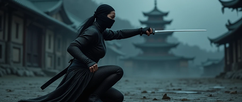 A battle scene in which a female ninja lands、Place one hand on the floor and hold the short sword horizontally in front of your face.、Intricate chain mail that fits the body perfectly、Black mask with only the eyes visible、Serious Eyes、Low fighting stance、Dark night castle background、