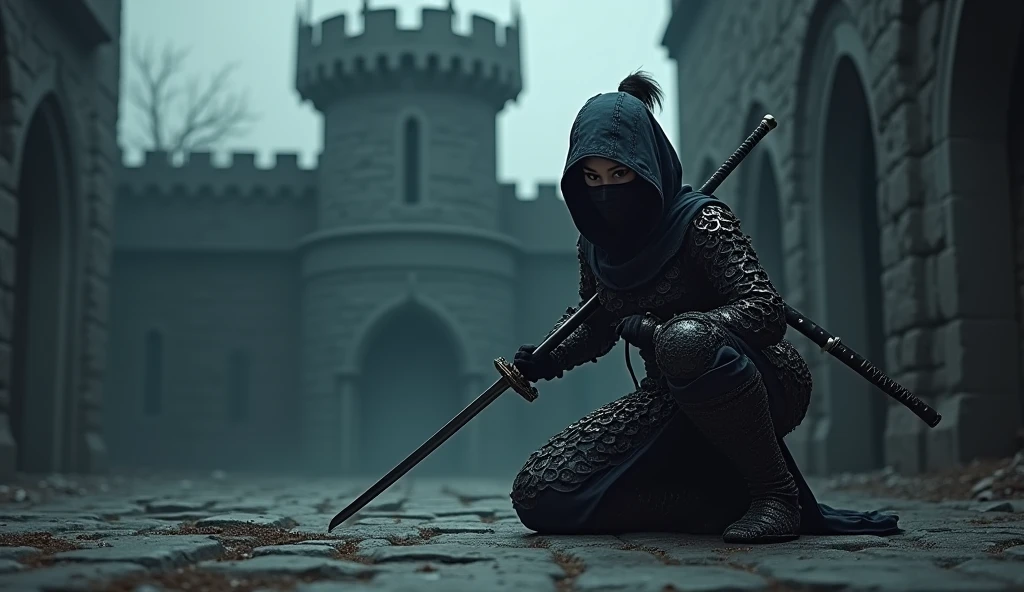 A battle scene in which a female ninja lands、Crouching start posture、Place one hand on the floor and hold the short sword horizontally in front of your face.、Intricate chain mail that fits the body perfectly、Black mask with only the eyes visible、Serious Eyes、Low fighting stance、Dark night castle background、