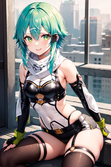 ​masterpiece, top-quality, hight resolution, 1girl in, sinon1, scarf, fingerless gloves, hair adornments, hair clips, thigh stra...