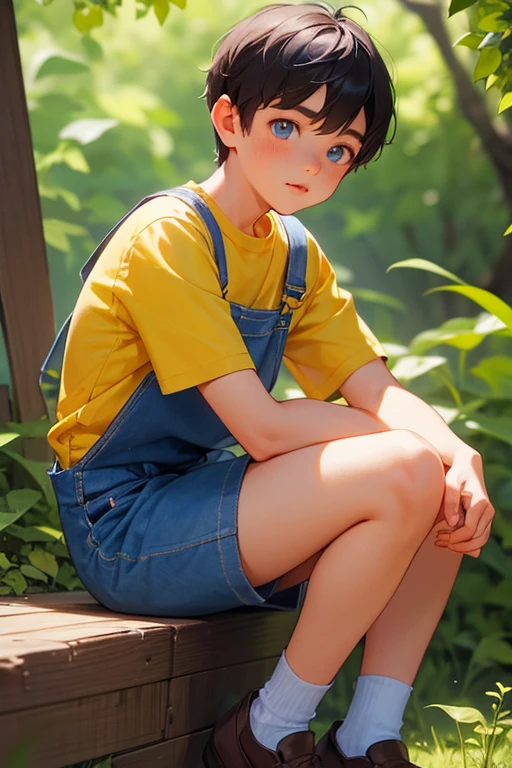 1boy, young little british boy in overalls with shorts and a yellow shirt underneath, sitting on knee, glowing blue eyes, outdoor, close-up