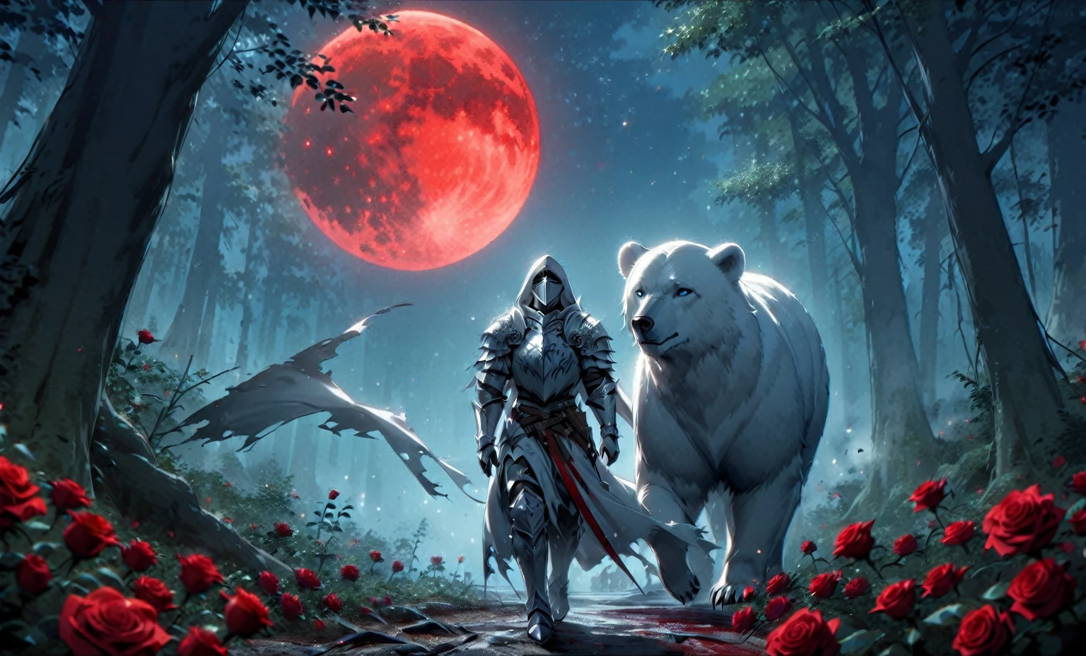 Male knight with a white hood with polar bear ears and a sword behind his back walks with a polar bear in a forest while the moon shines, many Roses cover the ground and lightning falls from the sky. Only the man wears a red blindfold. In the background of the picture is the blood moon and a tree has fallen down in the path. The forest is full of trees with leaves. The armor of the man is black and red roses decorate it. The sky is full of stars. The knight looks thoughtful into the sky. The forest is foggy.