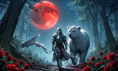 male knight with a white hood with polar bear ears and a sword behind his back walks with a polar bear in a forest while the moo...