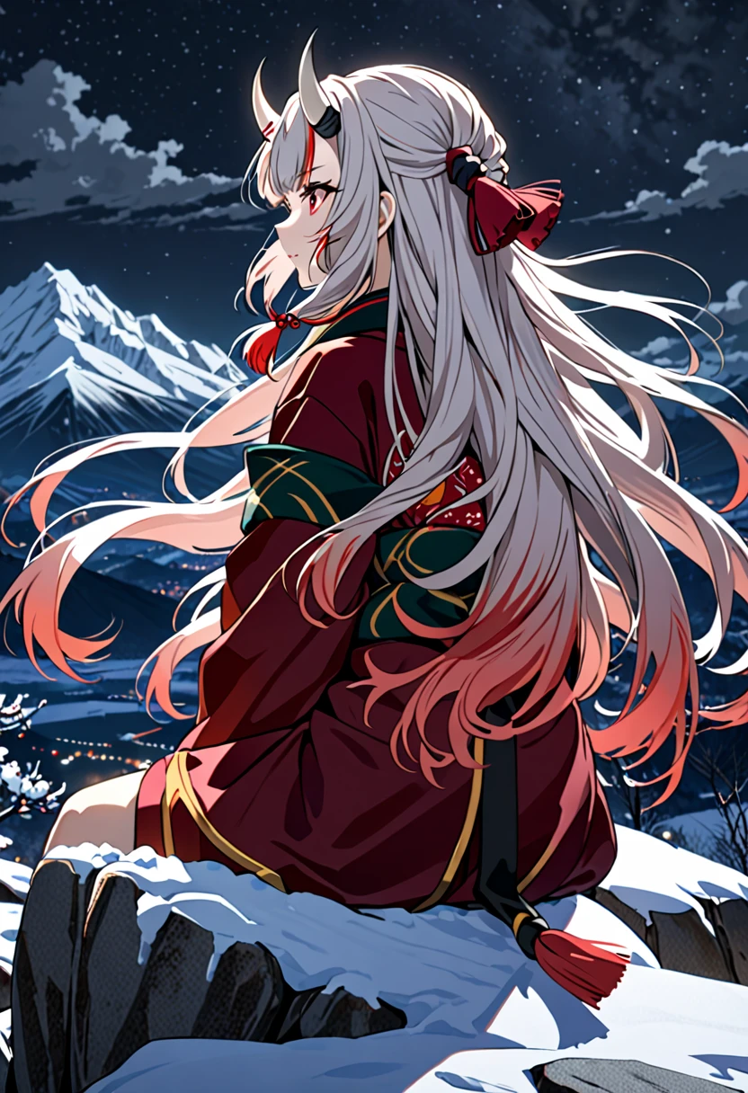 8K Ultra High-Quality, ultra-detailed, High quality, Nakiri ayame, white oni horns, arms on the back, sitting on a rock, snow, mountain in the background, night time, windy, hair flowing in the wind, looking at the horizon