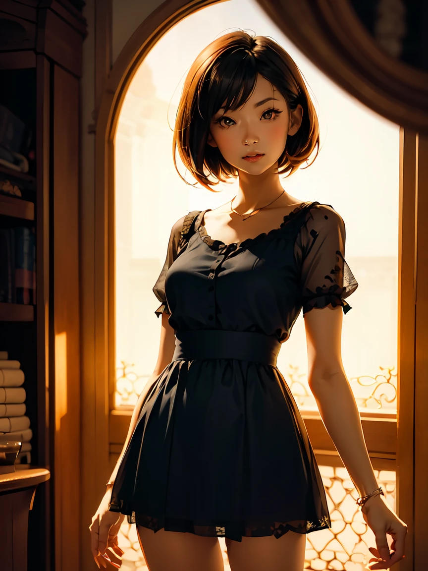 (A woman surrounded by the soft light of backlight), 1 female, alone, Black Hair, Bobcut, dress, Modern, Late Night