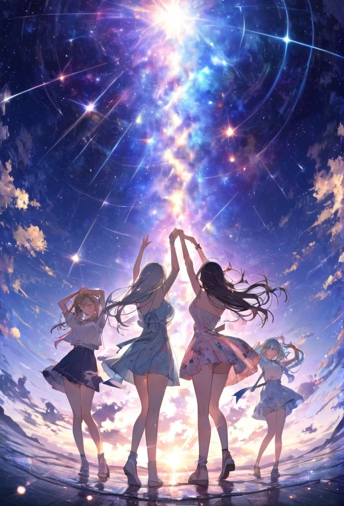 Highest quality　masterpiece　High resolution、Three intertwined girls in a bold pose、Three intertwined girls, beautiful gravure idol pose、絡み合う3人の女の子masterpieceグレーアイズ、Three girls intertwined in low twin tails、Three intertwined girls in casual summer outfits　、flowerpunk、universe、Sparkling light particles、Vivid gradient effect