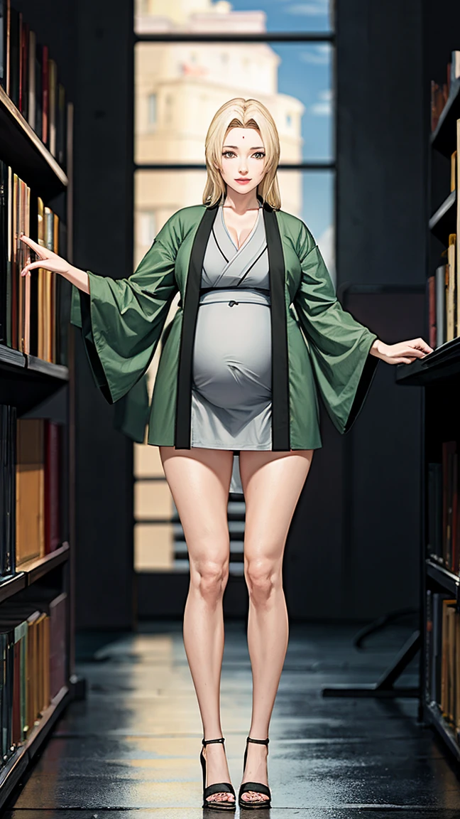 (big tits), fullbody, feet, high heels, slim waist, cleavage, good anatomy, 40 weeks pregnancy, masterpiece, best quality, 4k, 8k, professional photography, soft light, 1 girl,  blonde hair, kimono, (mountain), clouds, blonde hair, parted banks, detailed face+brown eyes, smile, closed lips, lipstick, bookshelves, standing pose