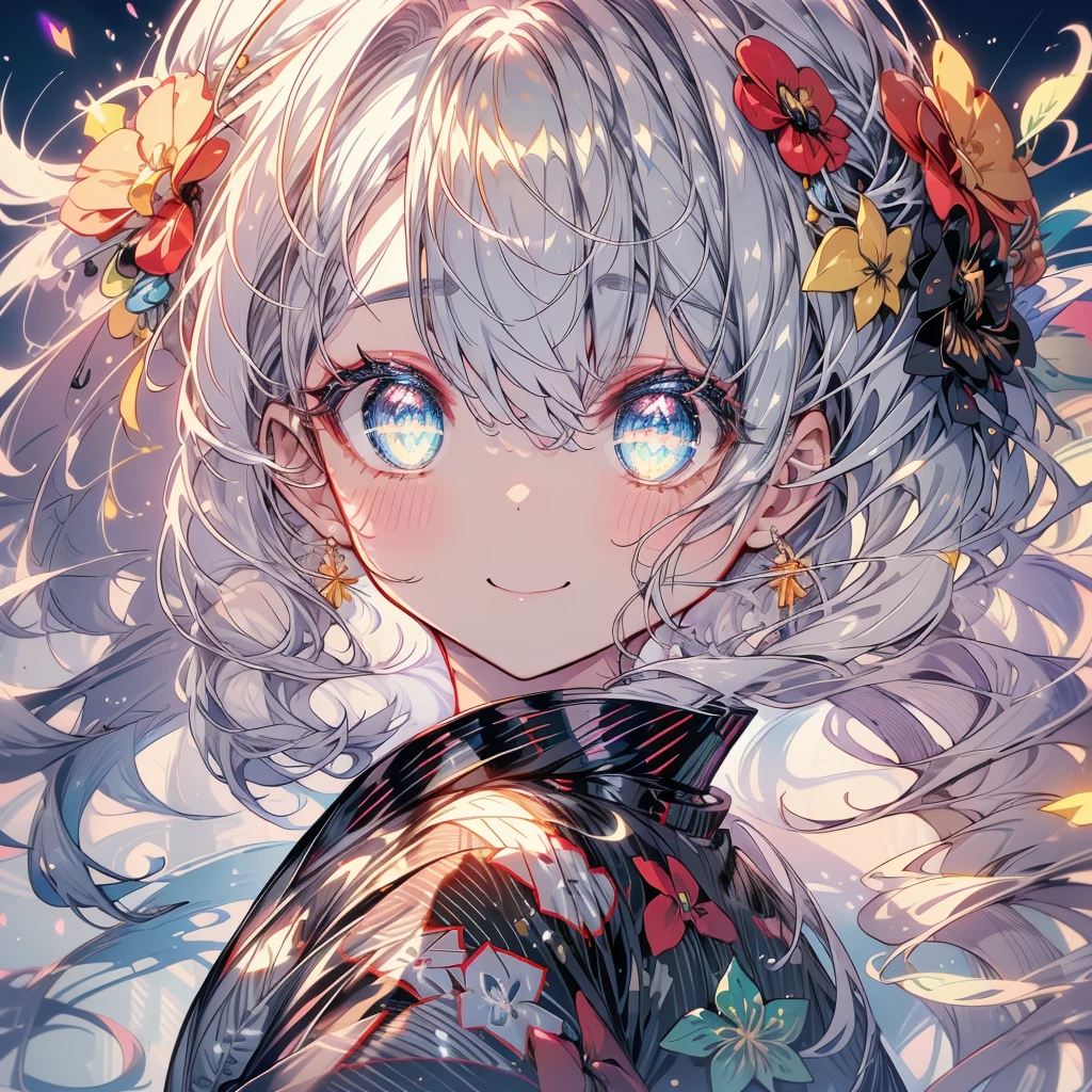 (Highest quality、4K、8k、High resolution、masterpiece:1.2)、Super detailed、(actual、Real)、Very detailed、Highest quality、Soft Skin、Portrait、break、((Clear blue eyes:1.2))、Smiling eyes、Beautiful eyelashes、Beautiful lower eyelashes、break、((Beautiful and shiny silver hair:1.3))、Dazzling Smile、A sparkling smile、Laughing with your mouth open、break、Looks very happy、break、((Beautiful Goth Yukata:1.3))、break、