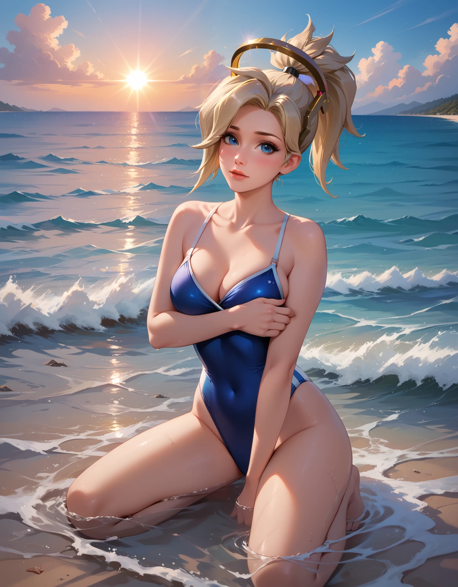 score_9, score_8_up, score_7_up, score_6_up, cinematic film still, solo, 1girl, BREAK mrcy, short hair, high ponytail, halo, cute swimsuit, swimsuit strap pulled down, arm across breasts, shy, beach, kneeling in shallow water, submerged, model poses, beautiful scene, sunrise, lens flare, highly detailed, detailed face, absurdres, 4k, masterpiece, best quality.