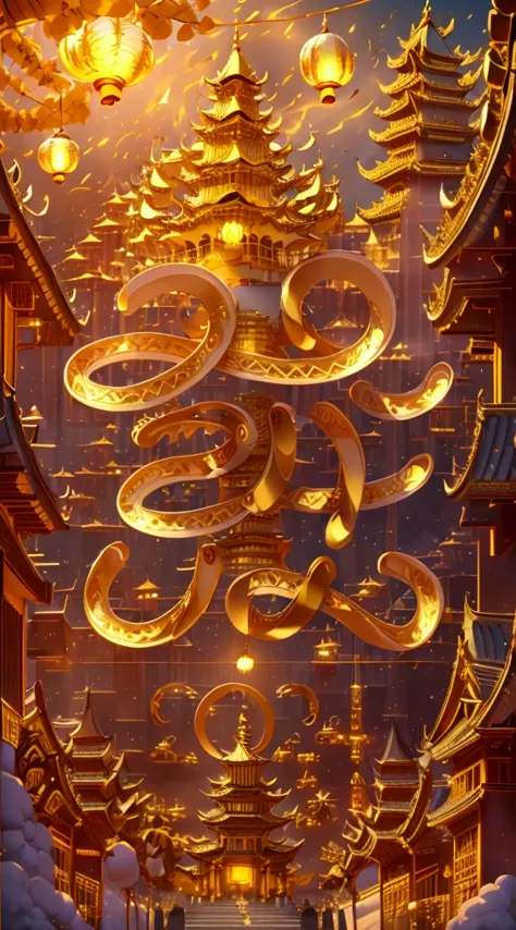 (8k,ultra hd, movie lighting, cinematography, master works),night，（a gold chinese dragon:1.5）,firework，architecture, east asian ...