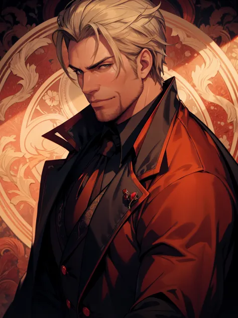 1man, vampire, handsome, pale grey skin, prominent muscular body, seems longer fangs, smile, shining red eyes, art nouveau style...