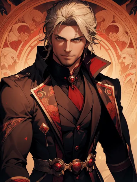 1man, vampire, handsome, pale grey skin, prominent muscular body, seems longer fangs, smile, shining red eyes, art nouveau style...