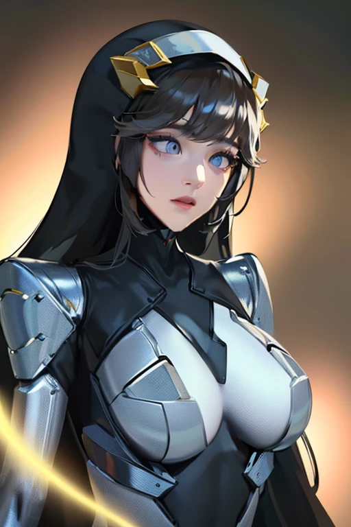 (masterpiece),(Highest quality),(Super detailed),(Best illustrations),(Best Shadow),(Absurd),(Detailed Background),(so beautiful), 16K, 8K, 4K,(Best Shadow),empty eyes,robotization,woman ,big bust,Robot Joint ,Metal skin,Black Suit,long hair,a black suit that covers the whole body,robot hand,cyber bodysuit,metal cat ear,rapunzel(nikke),cyber nun