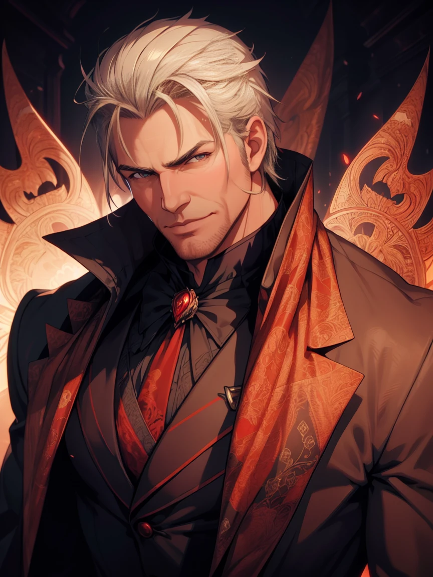 1man, vampire, handsome, pale grey skin, prominent muscular body, seems longer fangs, smile, shining red eyes, Art Nouveau Style, wearing Nouveau Suitcoat, nouveau-psychedelic background, hd, high quality, realistic-style, ultra-realistic, hyperrealistic, closer distance face, closer distance head, his distance pressing against me, 8k resolution
