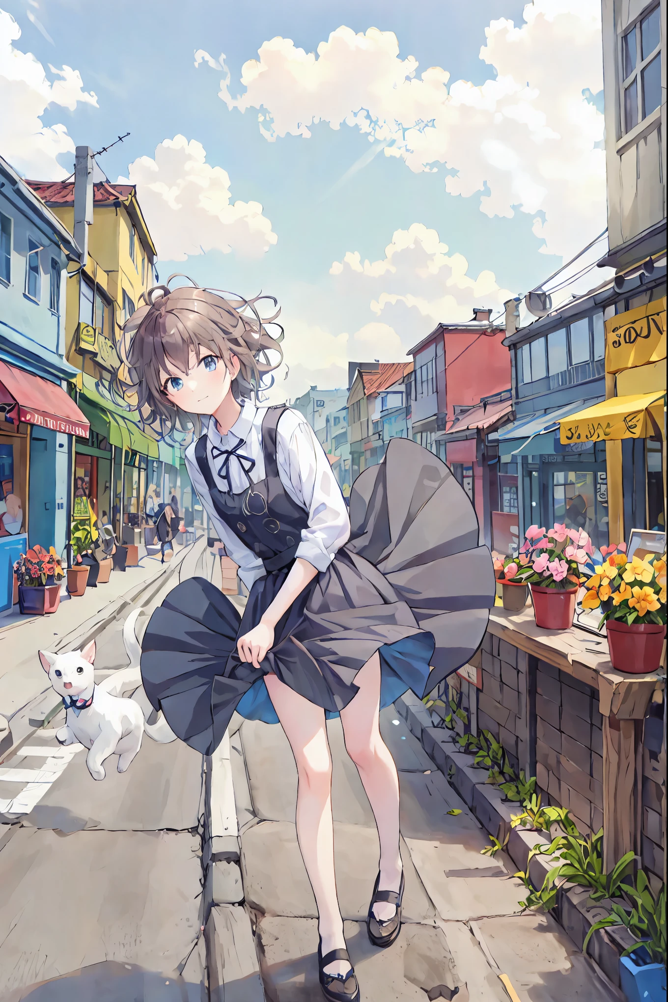 Brown Hair，Shortcuts，Messy Hair，Slender beauty，A dignified posture，Small chest，Beautiful feet，Her captivating grey-blue eyes shine like stars，（Cute older sister:1.3）、Long eyelashes、smile,Spring atmosphere、noon、Aggressive、hot、((Strong winds))、Black Skirt、Shining Eyes、Light blue Y-shirt、Cafe，Anime girl standing in front of a store