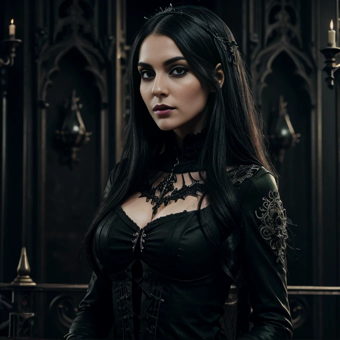 1 woman, European face, European eyes, pretty face, 30 years old, age 30, black long hair, black, green eyes, gothic style, wearing a long black dress, ultra detailed face, hyperrealistic, realistic representation, full body view, gothic style, dancing at a gothic festival