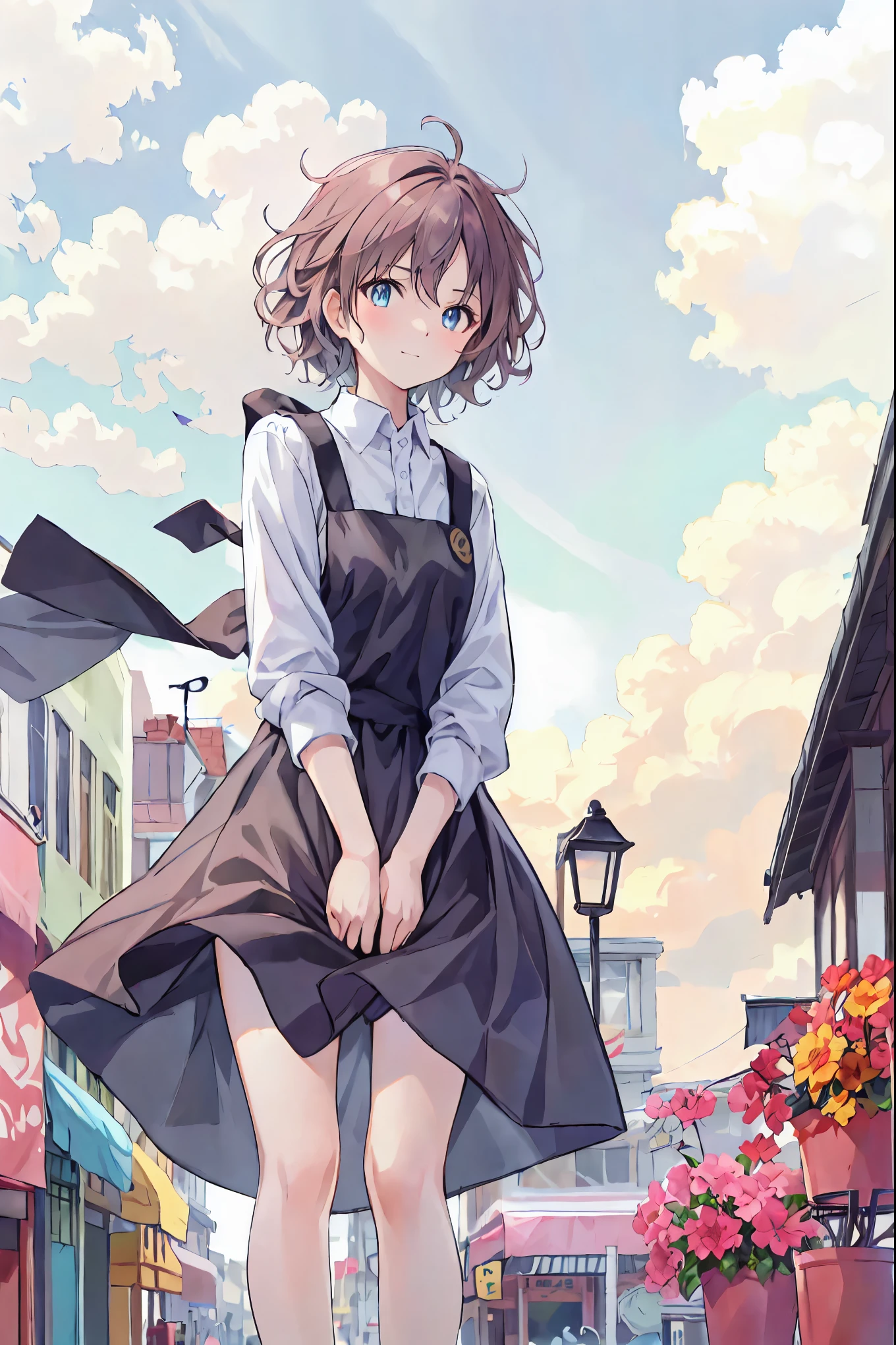 Brown Hair，Shortcuts，Messy Hair，Slender beauty，A dignified posture，Small chest，Beautiful feet，Her captivating grey-blue eyes shine like stars，（Cute older sister:1.3）、Long eyelashes、smile,Spring atmosphere、noon、Aggressive、hot、((Strong winds))、Black Skirt、Shining Eyes、Light blue Y-shirt、Cafe，Anime girl standing in front of a store