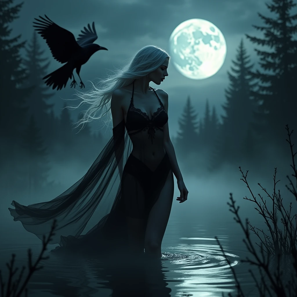 A beautiful witch walking on the surface of the swamp at night、Black see-through dress、Black Lingerie、Silver long hair、A big crow is flying in the sky。A little distant view。