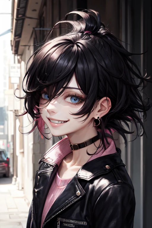 masterpiece, upper body, face portrait,  woman, solo, black hair, hair over eyes, messy hair, pink sweater, black leather jacket, grin, earrings, outdoors, collar