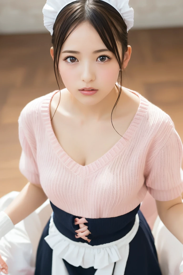 (8k, RAW Photos,Highest quality, High resolution:1.1), (Ultra-realistic:1.4),(Realistic, Realistic:1.3),The Beauty of Japan、Rhythmic gymnastics club、Rhythmic Gymnastics Uniform、((Upper Body:1.3)),maid喫茶、((maid:1.3)),(pink knit sweater:1.3),look up、Shooting from above、