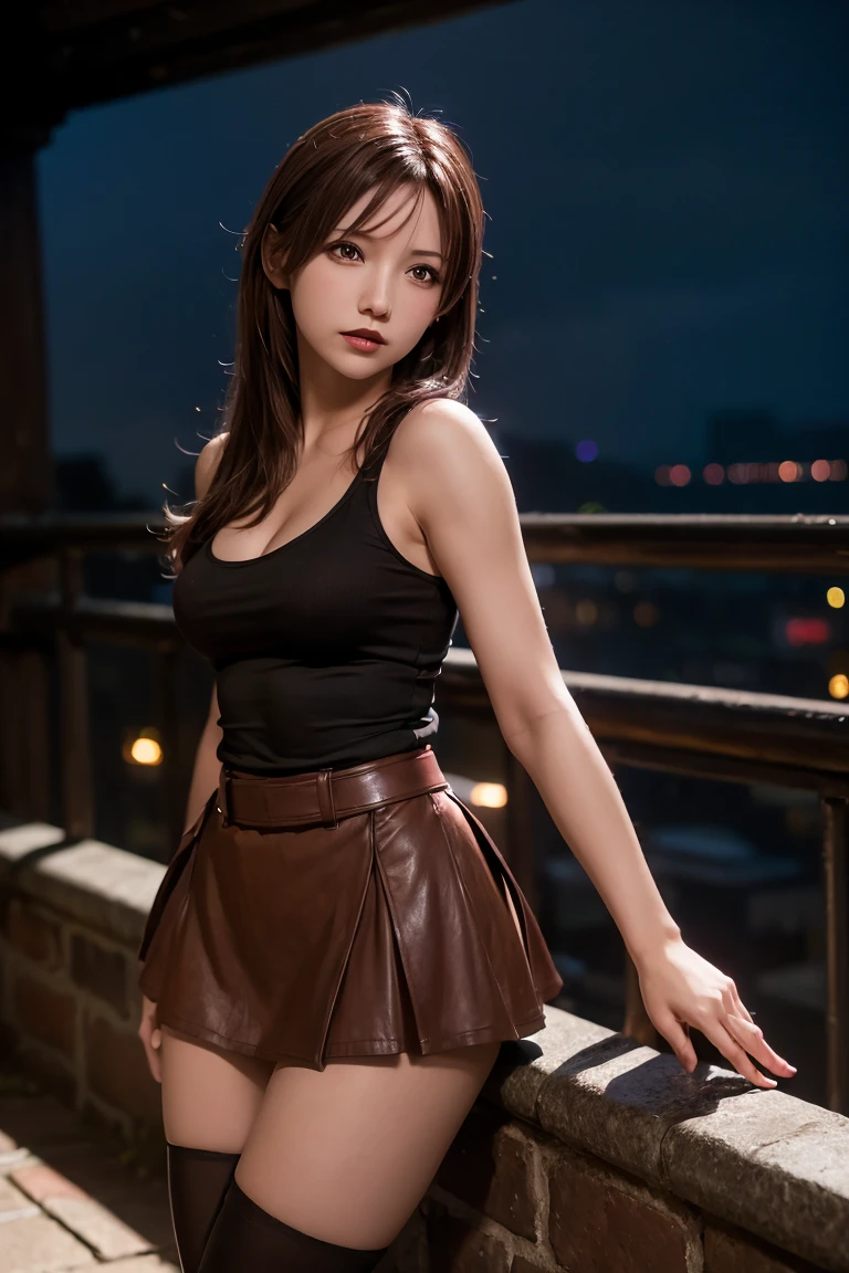 Tifa Lockhart, wallpaper, landscape, Depth of written boundary, night, Particles of light, light, Side lighting, Thighs, skirt, Red eyes, Brown Hair, Thigh-high socks, Arm Sleeves
