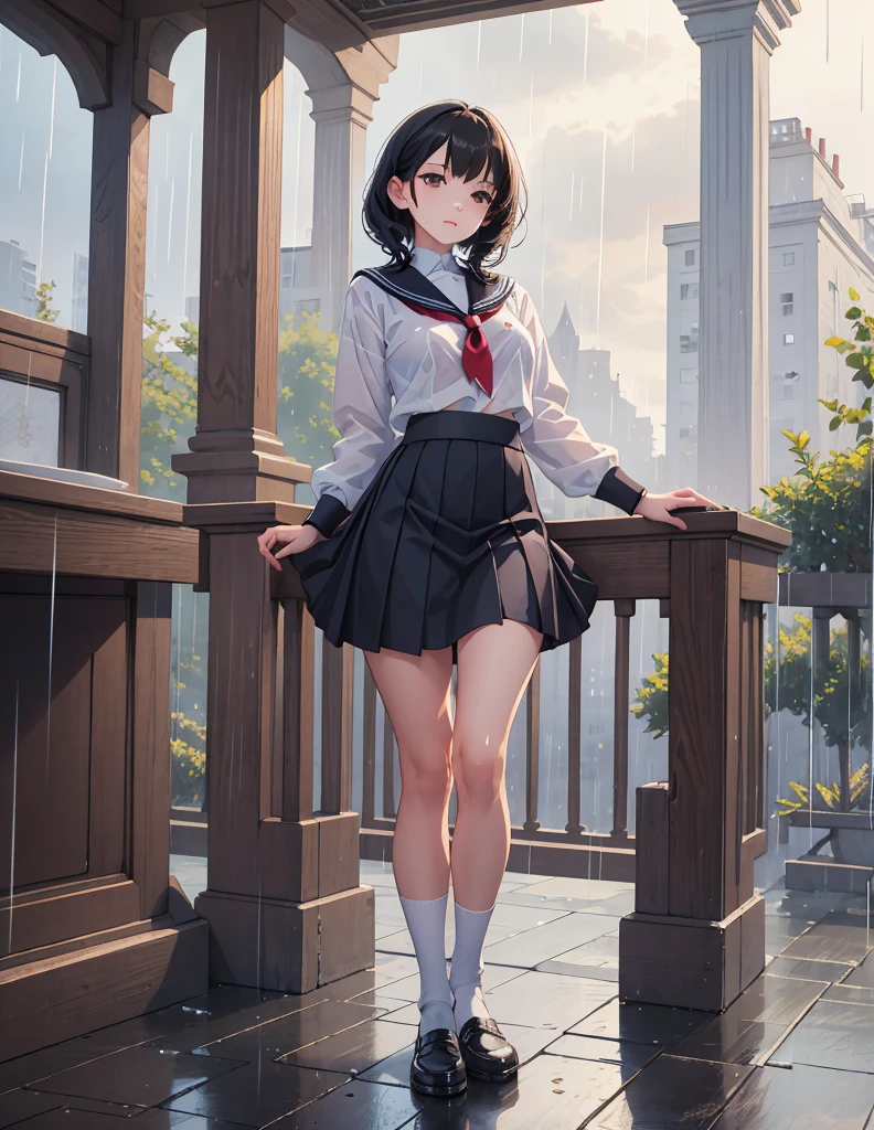 (8k, Highest quality, masterpiece: 1.2), Ultra-high resolution, 1 person, cute, Small breasts, Highly detailed face, School Uniform, Sailor suit, rain, soaked, Black Bra, Long skirt, Waiter skirt, Goth Skirt, 