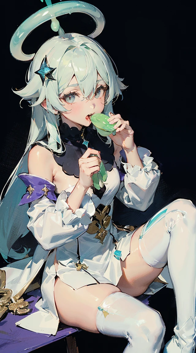 (((eating blue SLYME))),(\pai meng\),1girl, solo, thighhighs, paimon (genshin impact), long sleeves, white dress, dress, halo, thighhighs under boots, single thighhigh, bangs, boots, hair between eyes, white footwear,  white thighhighs, white hair