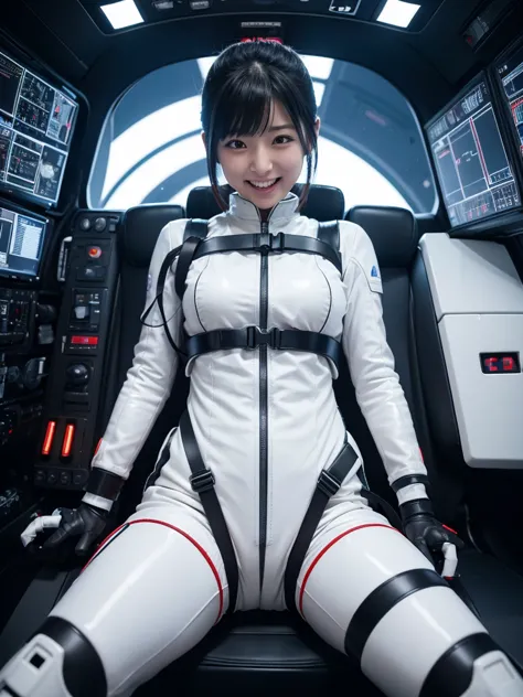 japanese female android,black hair,space station cockpit,secured to the seat with a thick harness,plump,a little thick,spread yo...