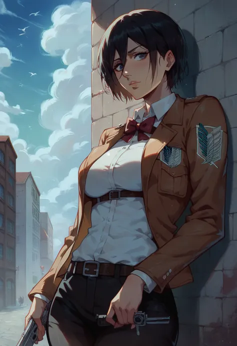 score_9, score_8_up, score_7_up,1 girl,minomi, anime style,solo,mikasa ackerman, shingeki no kyojin city background,shingeki no kyojin wall background, shingeki no kyojin unmilitary uniform, holding 2 shingeki no kyojin swods,shingeki no kyojin titans background