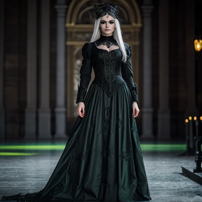 1 woman, European face, European eyes, pretty face, 30 years old, age 30, white long hair, black, green eyes, , ultra detailed face, hyperrealistic, realistic representation, full body view, gothic style, dancing at a gothic festival