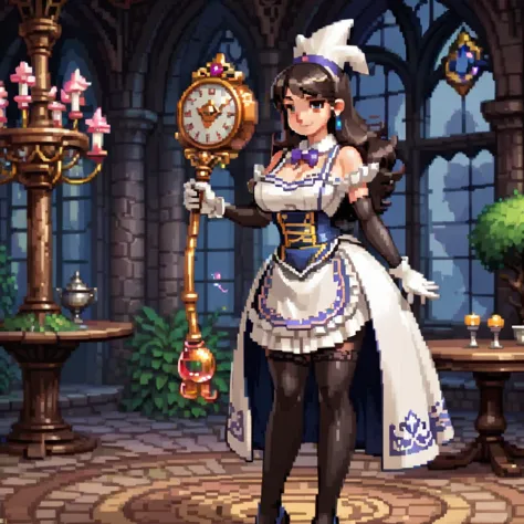 for an image of a cartoon-style video game character: a well-proportioned female magician dressed in a maid outfit, exuding a bl...