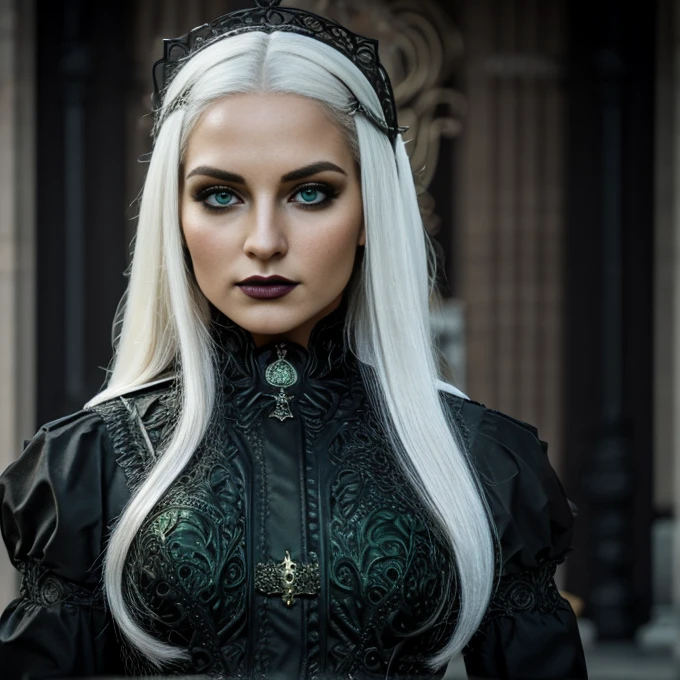 1 woman, European face, European eyes, pretty face, 30 years old, age 30, white long hair, black, green eyes, , ultra detailed face, hyperrealistic, realistic representation, full body view, gothic style, dancing at a gothic festival