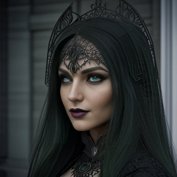 1 woman, European face, European eyes, pretty face, 30 years old, age 30, white long hair, black, green eyes, , ultra detailed face, hyperrealistic, realistic representation, full body view, gothic style, dancing at a gothic festival