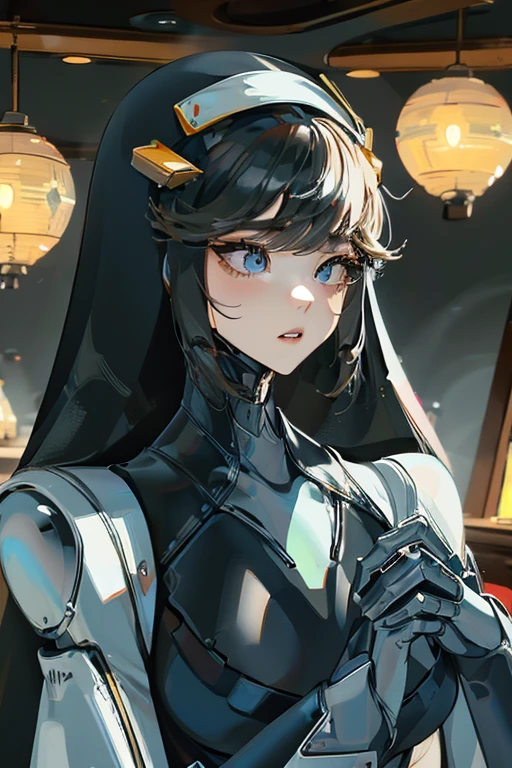 (masterpiece),(Highest quality),(Super detailed),(Best illustrations),(Best Shadow),(Absurd),(Detailed Background),(so beautiful), 16K, 8K, 4K,(Best Shadow),empty eyes,robotization,woman ,big bust,Robot Joint ,Metal skin,Black Suit,long hair,a black suit that covers the whole body,robot hand,cyber bodysuit,rapunzel(nikke),cyber nun