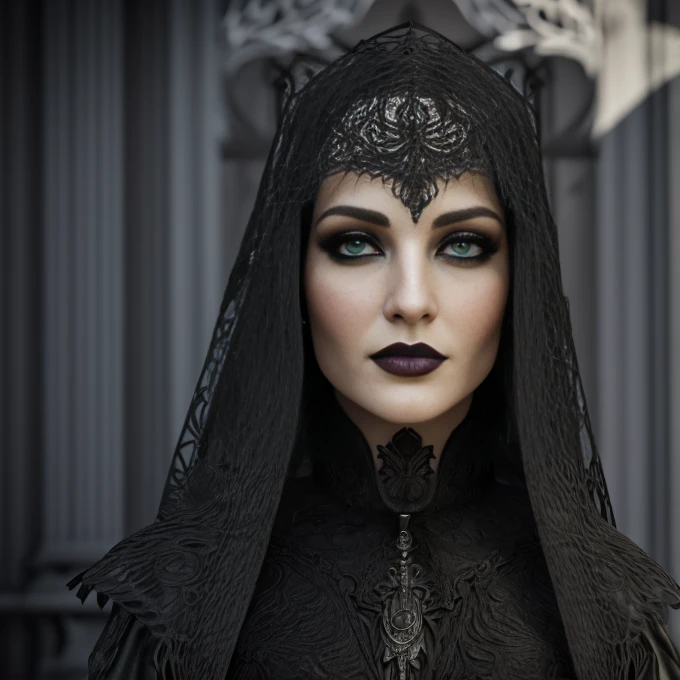 1 woman, European face, European eyes, pretty face, 30 years old, age 30, white long hair, black, green eyes, , ultra detailed face, hyperrealistic, realistic representation, full body view, gothic style, dancing at a gothic festival