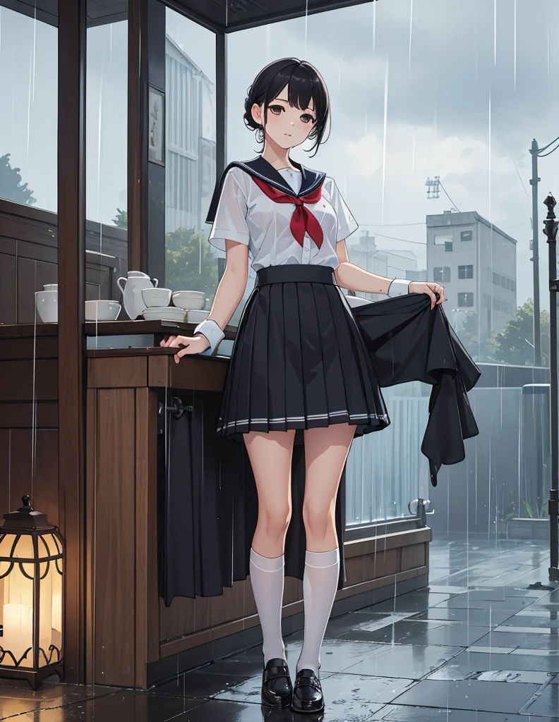 (8k, Highest quality, masterpiece: 1.2), Ultra-high resolution, 1 person, cute, Small breasts, Highly detailed face, School Uniform, Sailor suit, 大rain, rain, soaked, Black Bra, Long skirt, (Waiter skirt), Goth Skirt, 